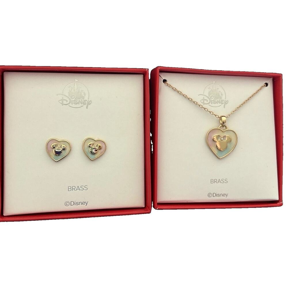 Set Heart Necklace & Stud Earrings Disney Parks Gold Tone New in Box Exclusive